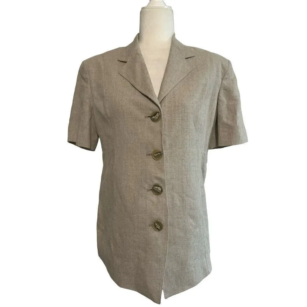 donna karan womens beige browm 100% linen short sleeve blazer jacket 6 small